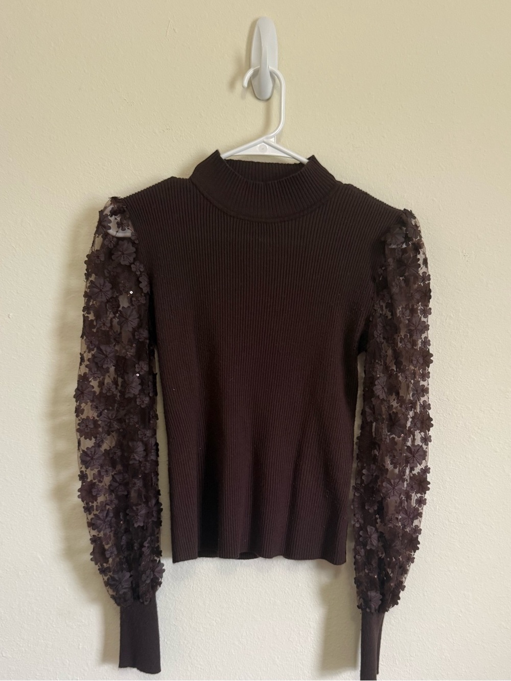 Cato Dark Brown Ribbed Mock Neck Fall Sweater with Floral Sheer Puff Sleeves